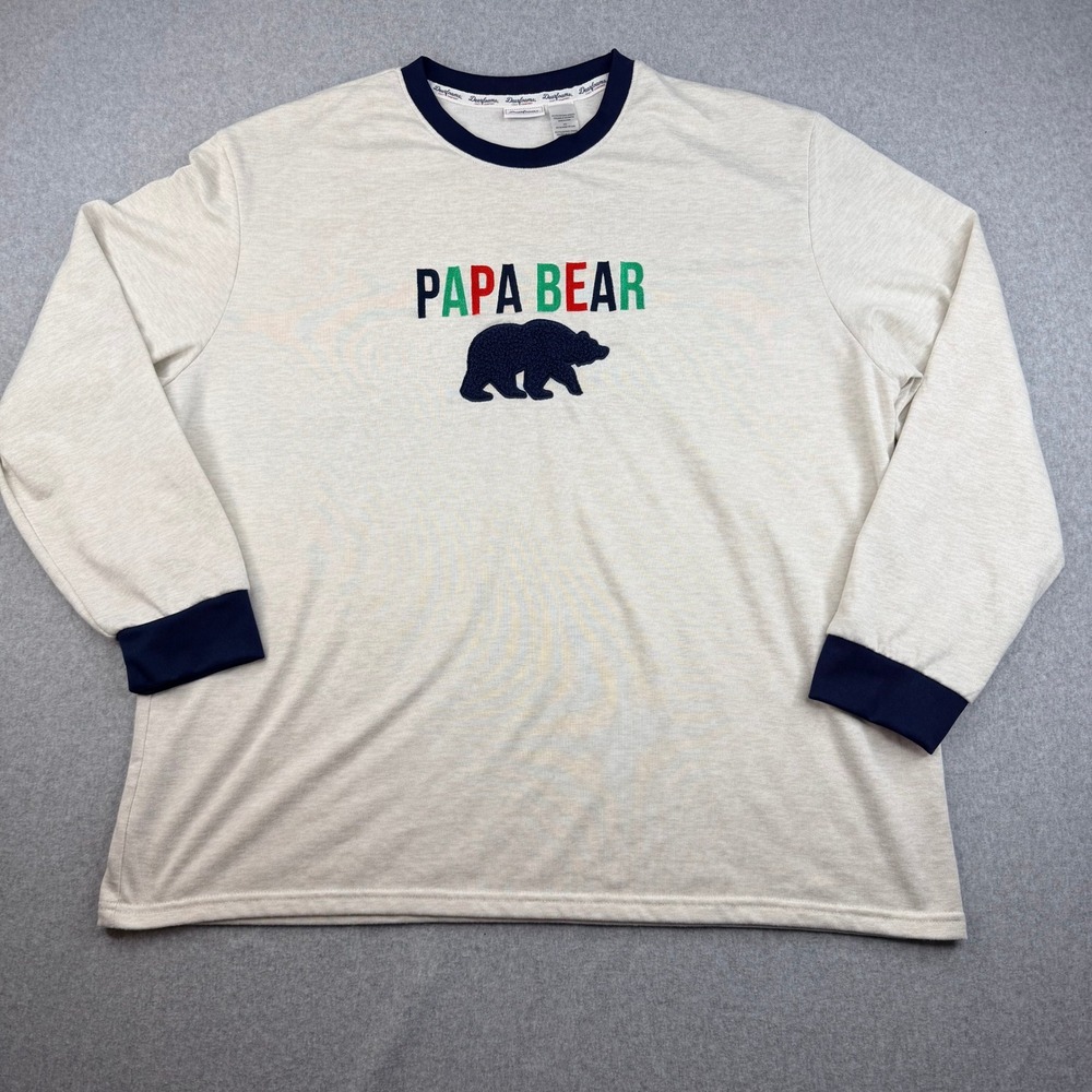 Dearfoams Papa Bear Pajama Top Mens 2XL Oatmeal Heather Navy Long Sleeve Ringer